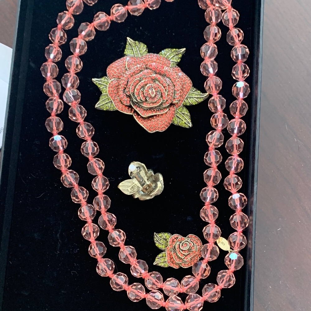 Heidi Daus Pink Crystal Necklace and Rose Brooch Set